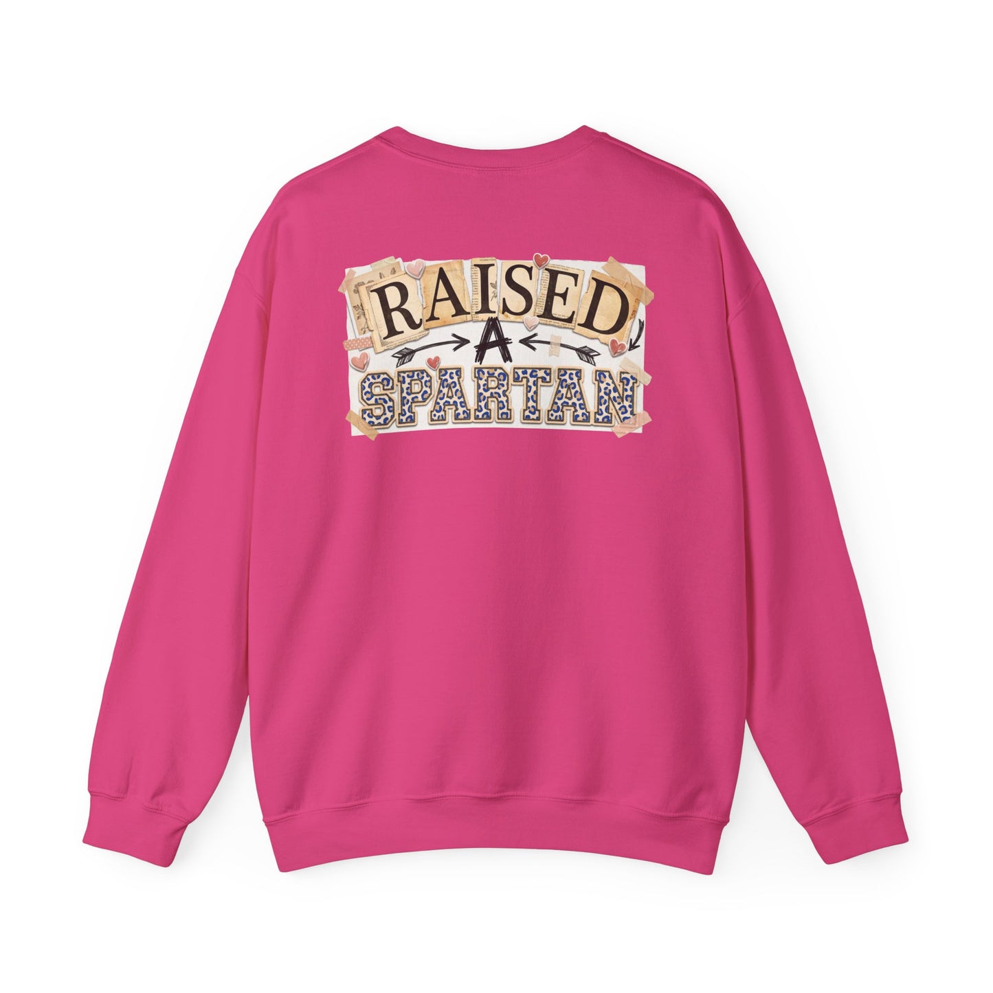 Raised A Spartan Crewneck Gildan Sweatshirt with Spartan Logo