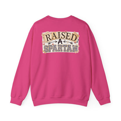 Raised A Spartan Crewneck Gildan Sweatshirt with Spartan Logo