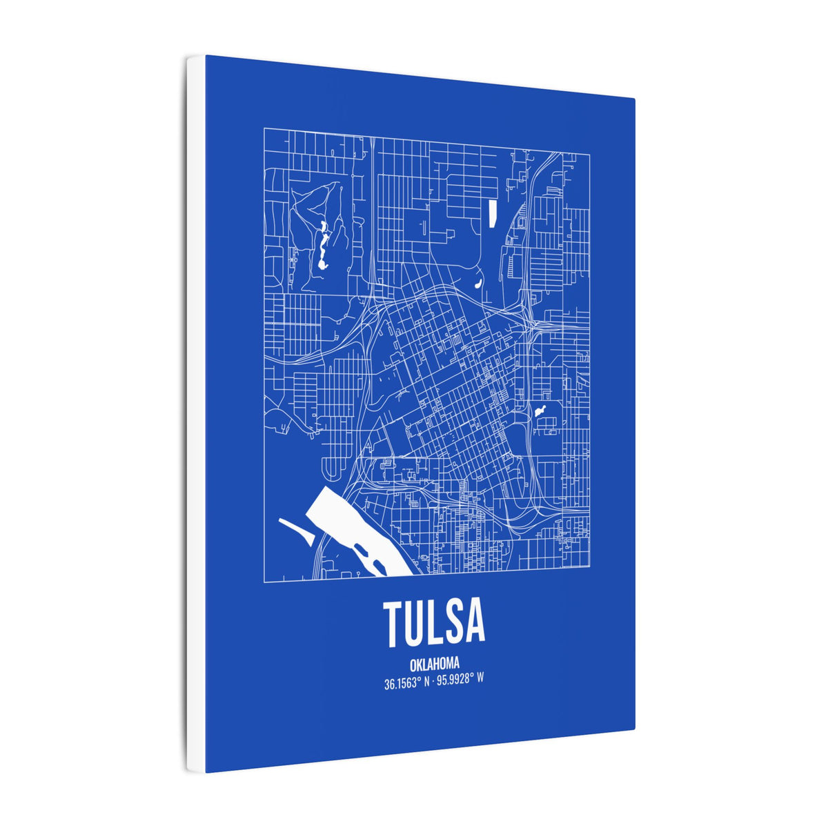 Tulsa Street Map Canvas, White on Royal Blue