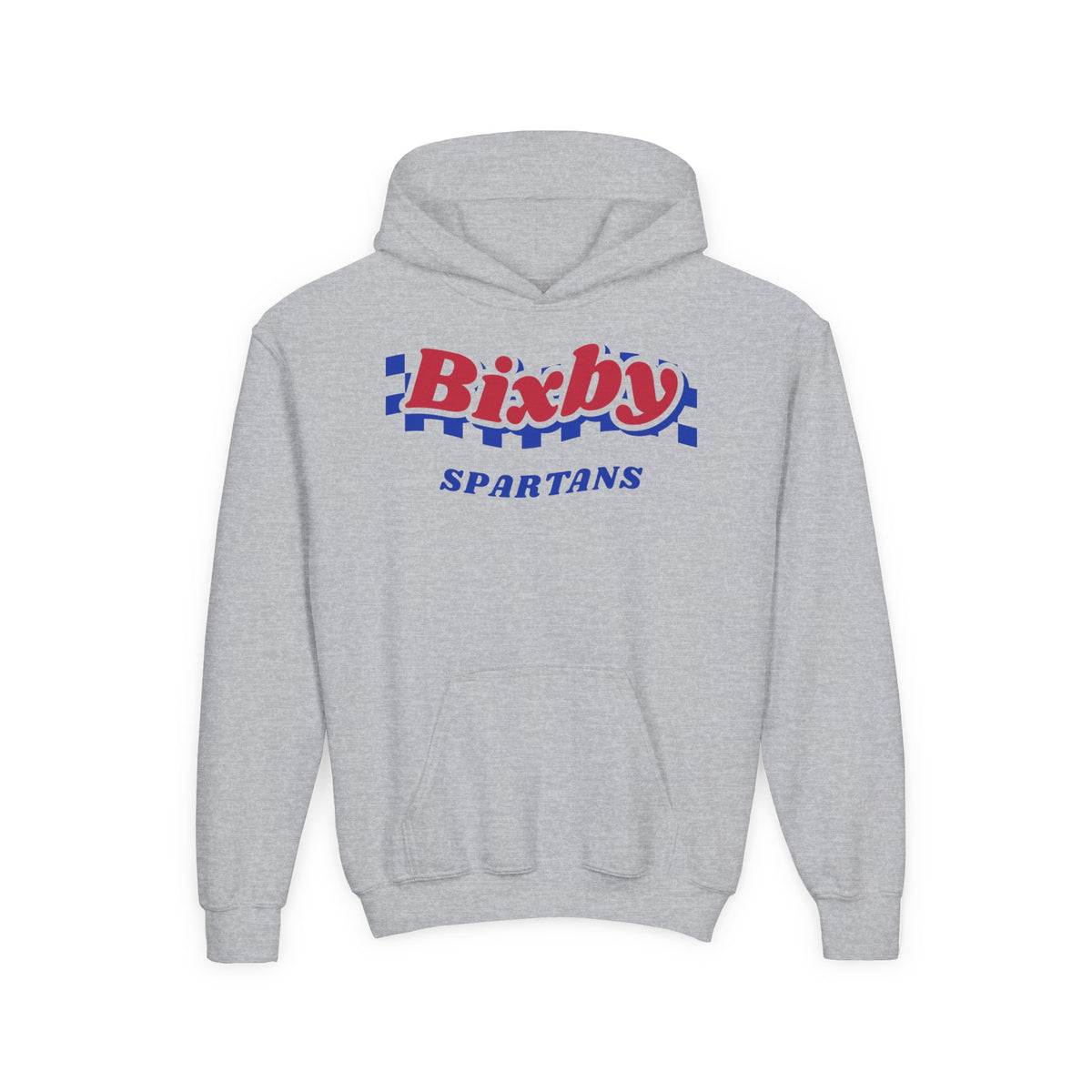 Bixby Spartans Retro Blue Checkered Script Youth Hoodie – Kids Vintage Game Day Hoodie