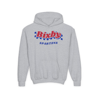 Bixby Spartans Retro Blue Checkered Script Youth Hoodie – Kids Vintage Game Day Hoodie