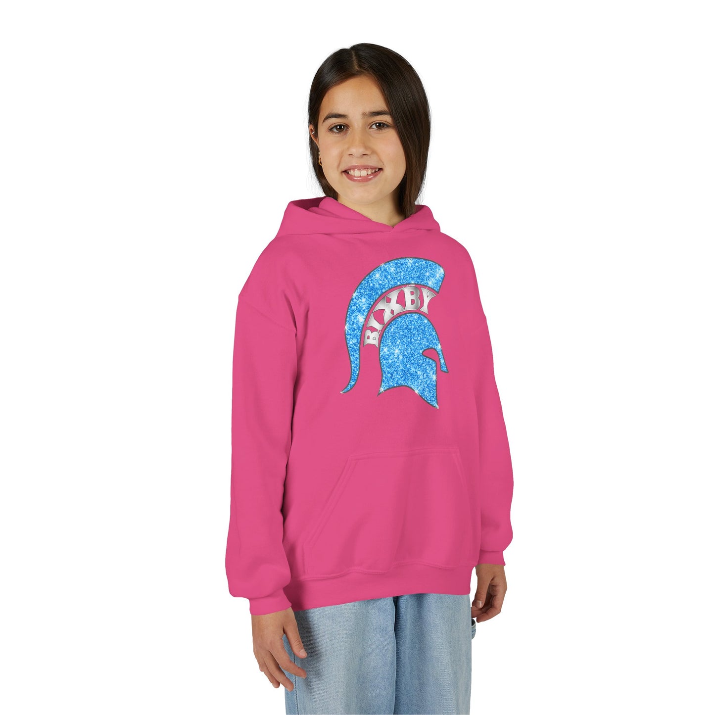 Bixby Spartan Blue Helmet Bling Youth Gildan Hoodie