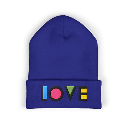 LOVE Embroidered Cuffed Beanie — Colorful Retro Knit Hat for Pride & Everyday Wear