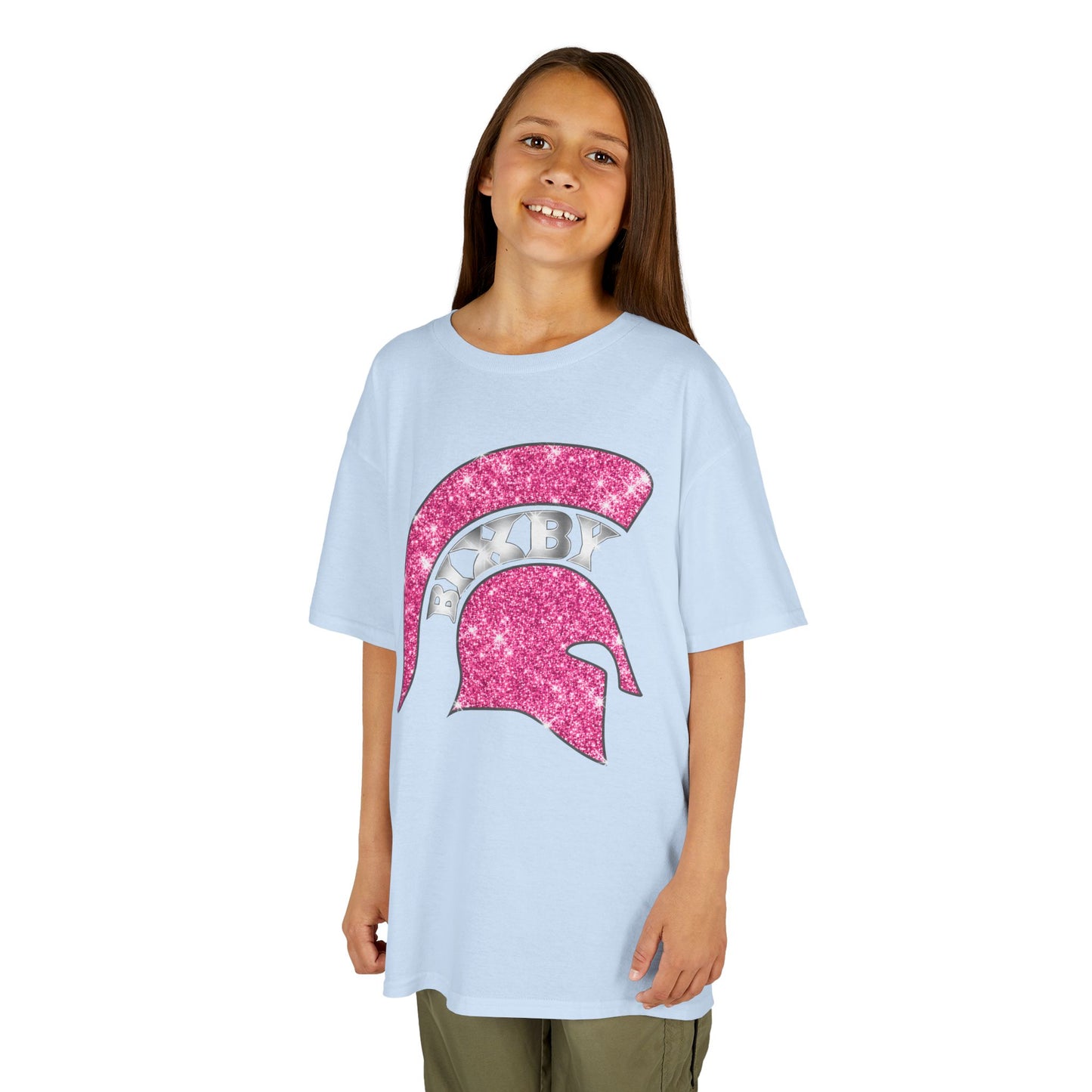 Bixby Spartan Pink Helmet Bling Youth Gildan Tee