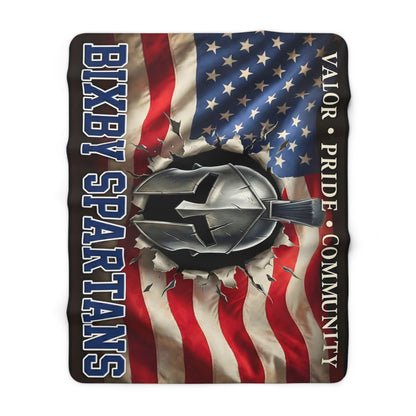 Bixby Spartans Sherpa Fleece Blanket — American Flag & Spartan Helmet (Valor • Pride • Community)
