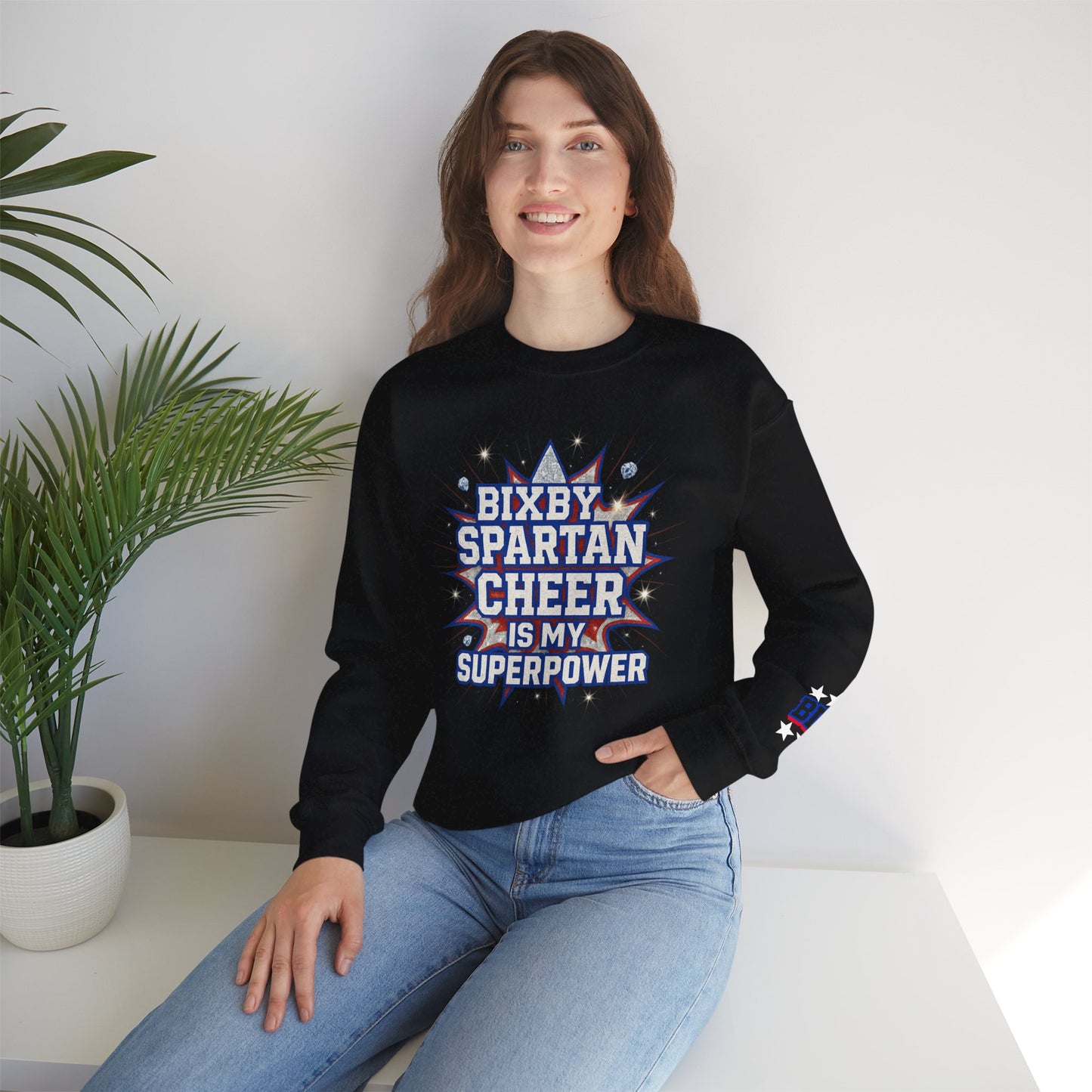 Bixby Spartan Cheer Superpower With Sleeve Print Gildan Sweatshirt