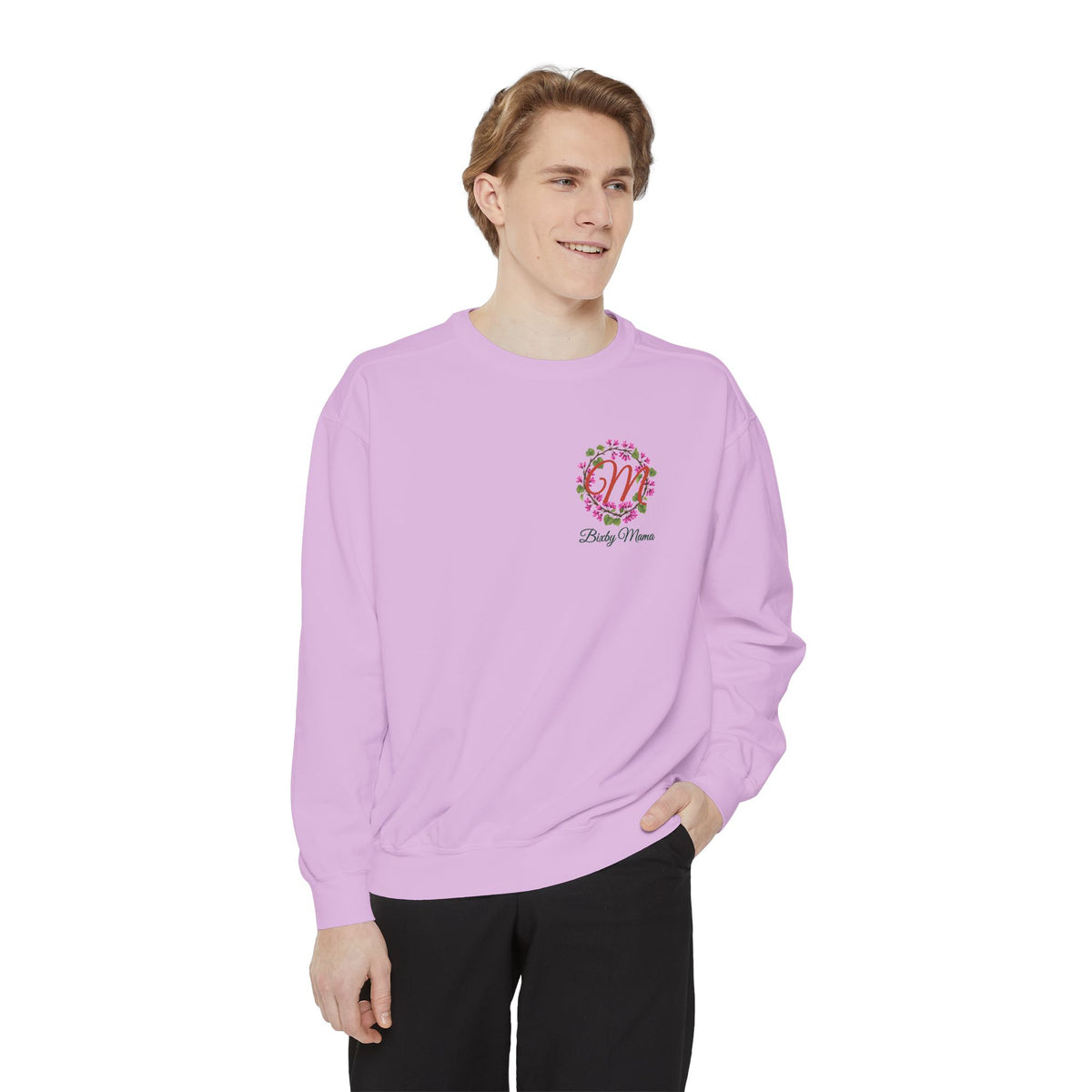 Bixby Mama Sweatshirt in Orchid, worn, front view