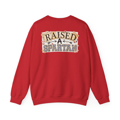 Raised A Spartan Crewneck Gildan Sweatshirt with Spartan Logo