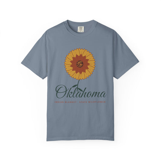 Indian Blanket Garden Script Oklahoma Tee | Comfort Colors in Blue Jean