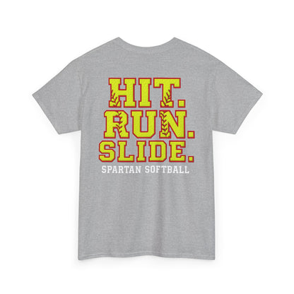 Hit. Run. Slide. Spartan Softball Gildan Tee