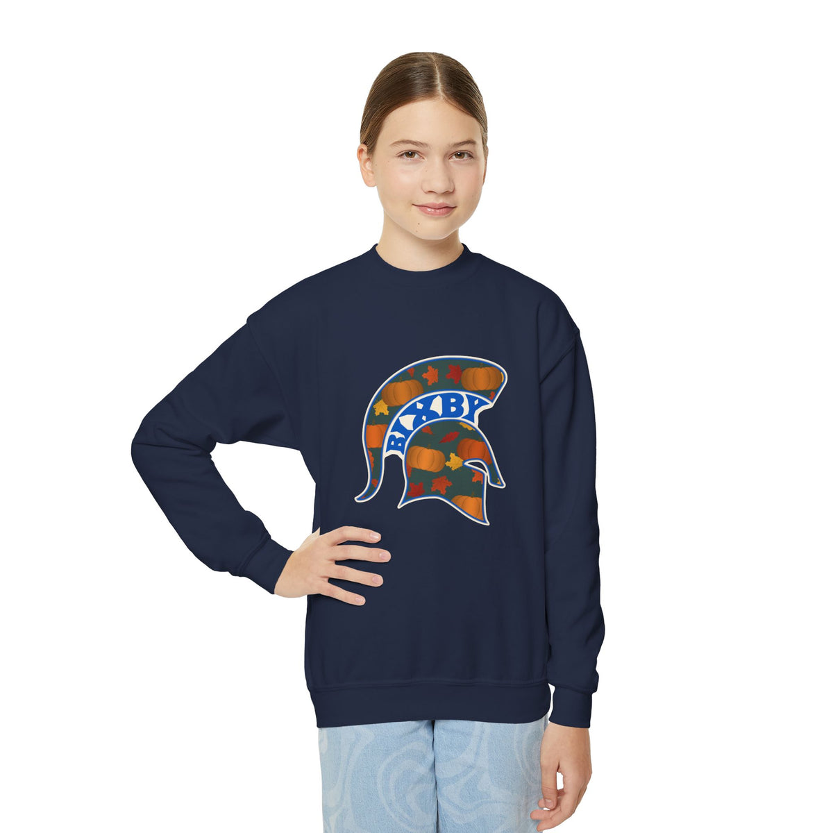 Bixby Spartans Pumpkin Patch Helmet Youth Sweatshirt – Kids Fall Crewneck