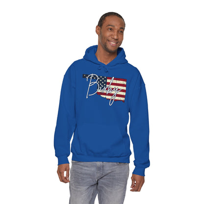 Oklahoma Flag Hoodie with "Bixby" Script Gildan Hoodie