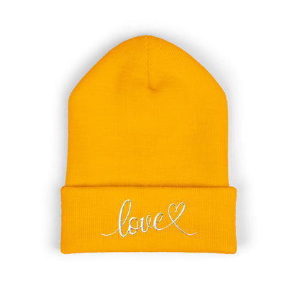 Embroidered Love Cuffed Beanie Cozy Knit Hat with Heart Script