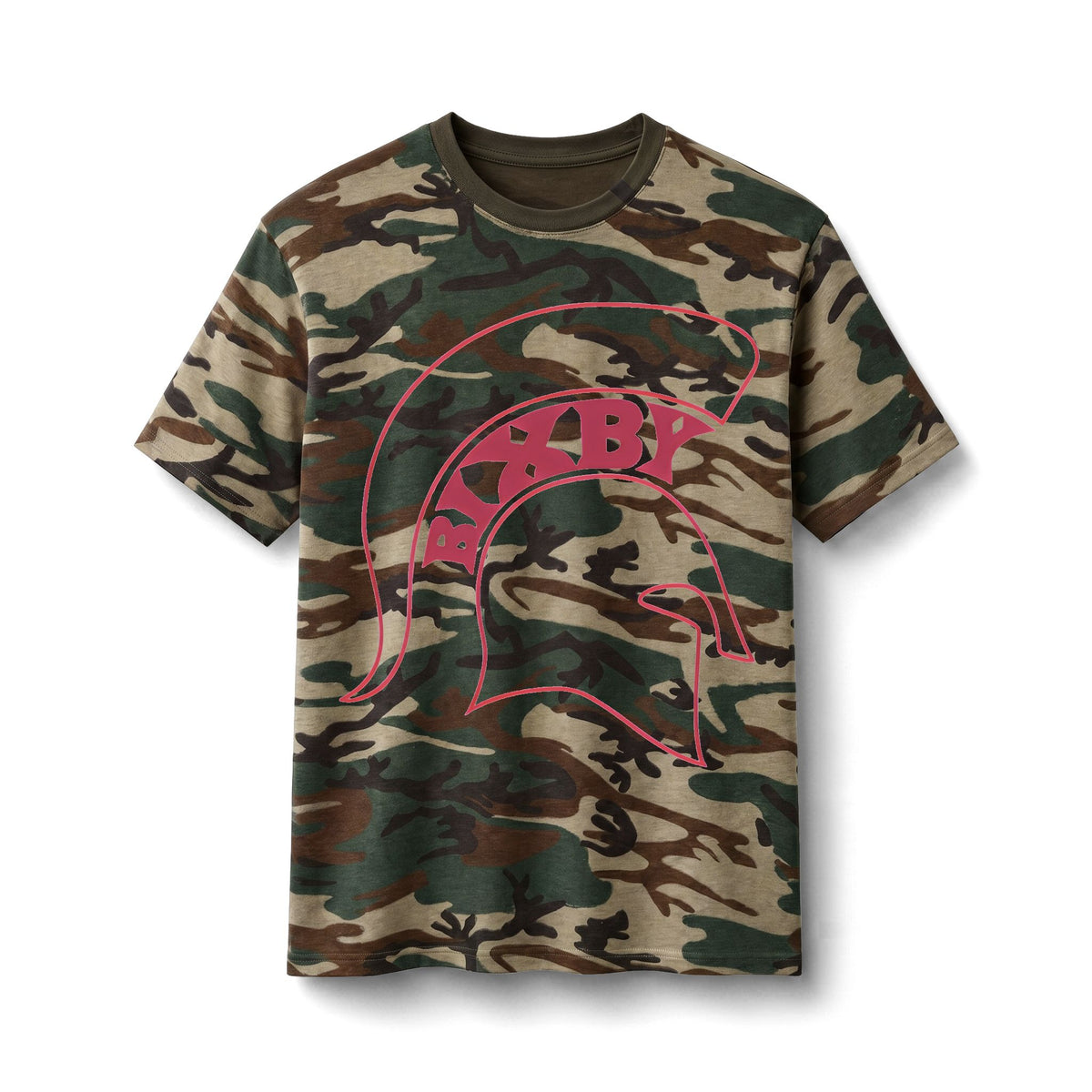 Bixby Spartans Camo Spartan Helmet - Pink Outline Military Graphic Tee