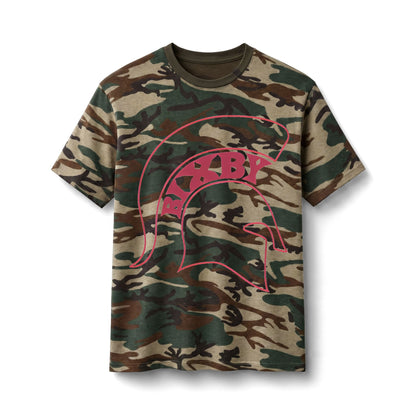 Bixby Spartans Camo Spartan Helmet - Pink Outline Military Graphic Tee
