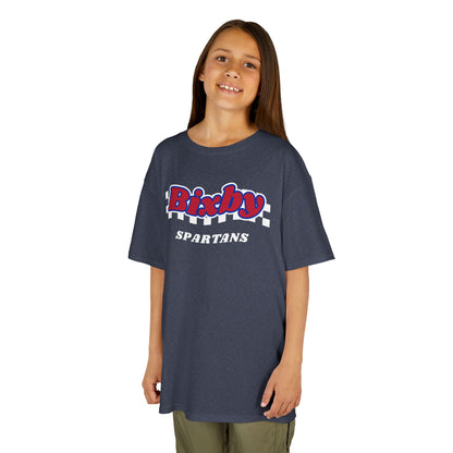 Bixby Spartans Retro Script Checkered Youth Tee – Kids Red, White & Blue Game Day Shirt