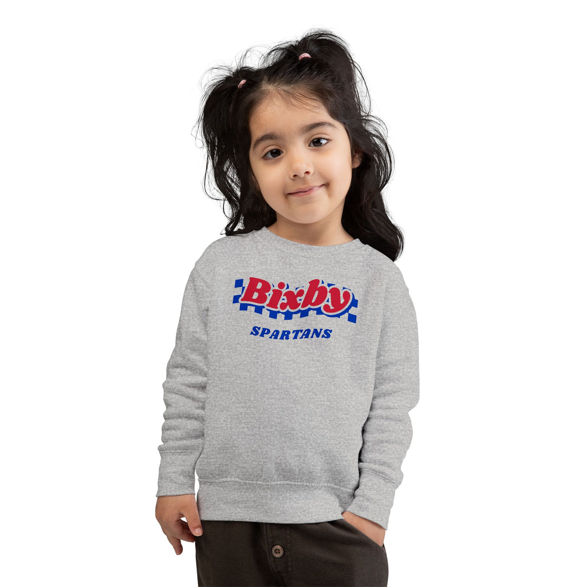 Bixby Spartans Retro Blue Checkered Script Toddler Sweatshirt – Little Spartan Vintage Crewneck