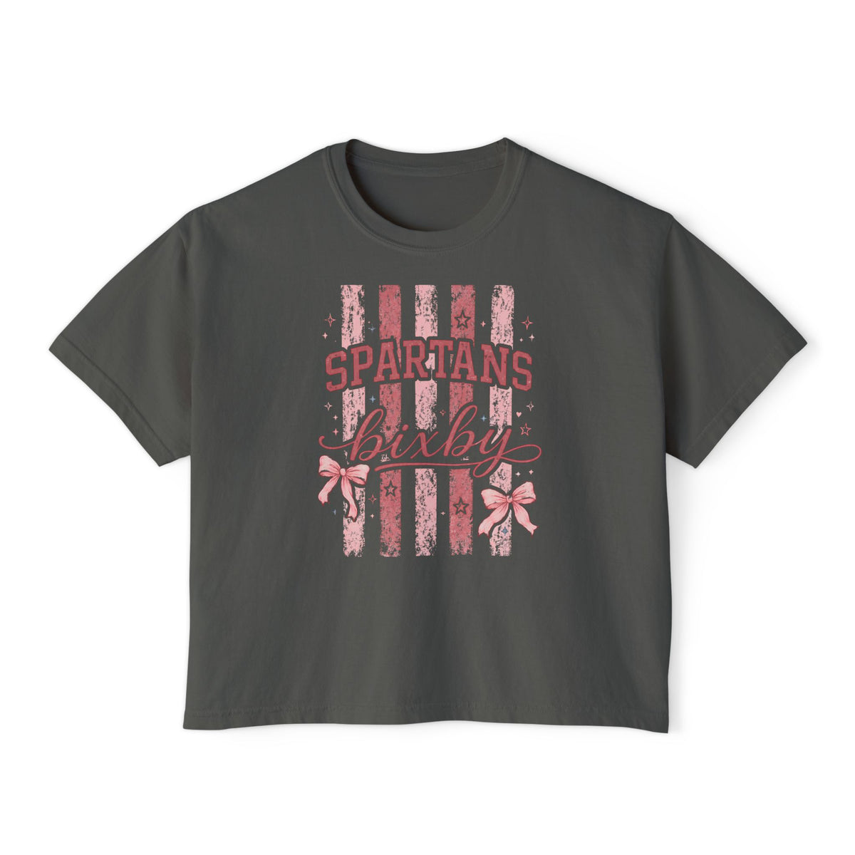 Bixby Spartans Bixby Boxy Pink Vintage Stripe Cheer Tee