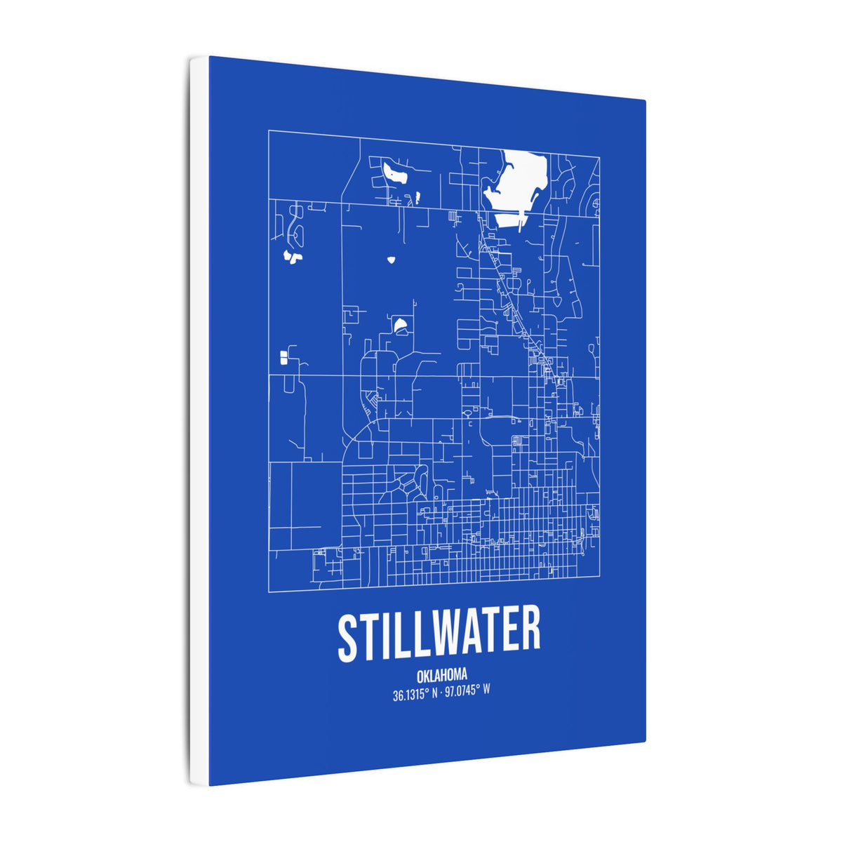 Stillwater Street Map Canvas, White on Royal Blue