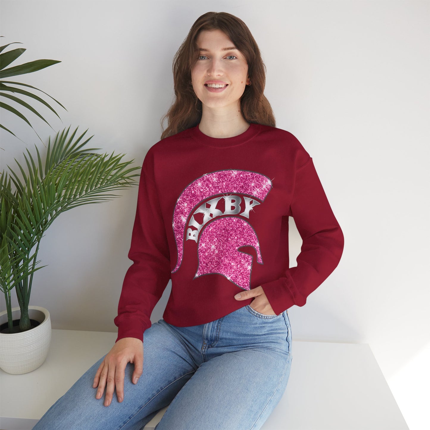 Bixby Spartan Pink Helmet Bling Gildan Sweatshirt