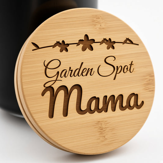 Close-up of Garden Spot Mama laser engraving on the bamboo lid