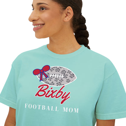 Bixby Spartans Football Mom Women's Boxy Tee – Leopard Football & Bow, White Lettering