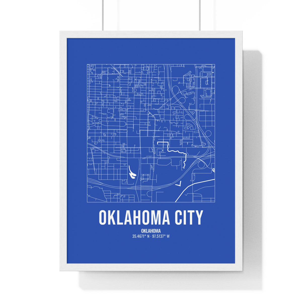 Oklahoma City Street Map Framed Print, White on Royal Blue