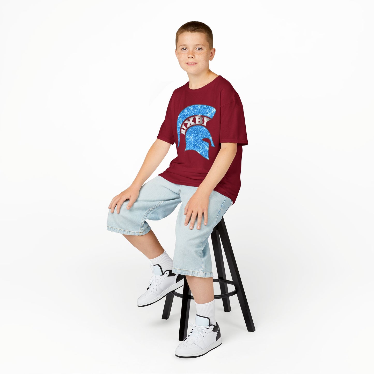 Bixby Spartan Blue Helmet Bling Youth Gildan Tee