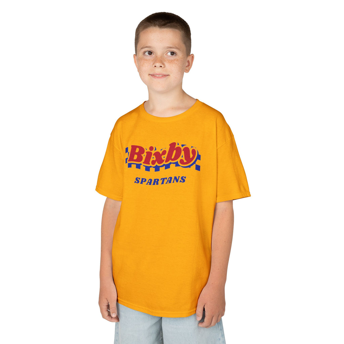 Bixby Spartans Retro Blue Checkered Script Youth Tee – Kids Vintage Game Day Shirt