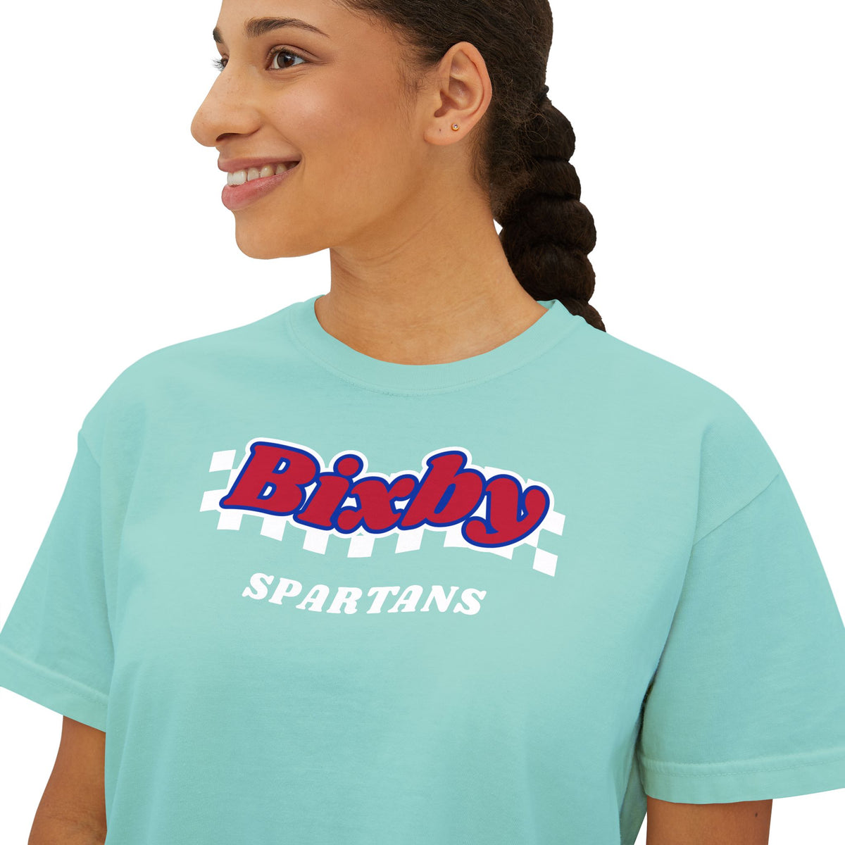 Bixby Spartans White Checker Retro Logo Women's Boxy Tee – Game Day Shirt