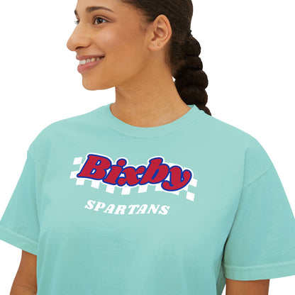 Bixby Spartans White Checker Retro Logo Women's Boxy Tee – Game Day Shirt