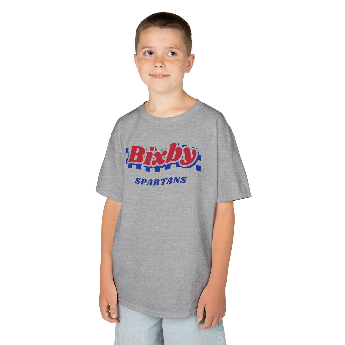 Bixby Spartans Retro Blue Checkered Script Youth Tee – Kids Vintage Game Day Shirt