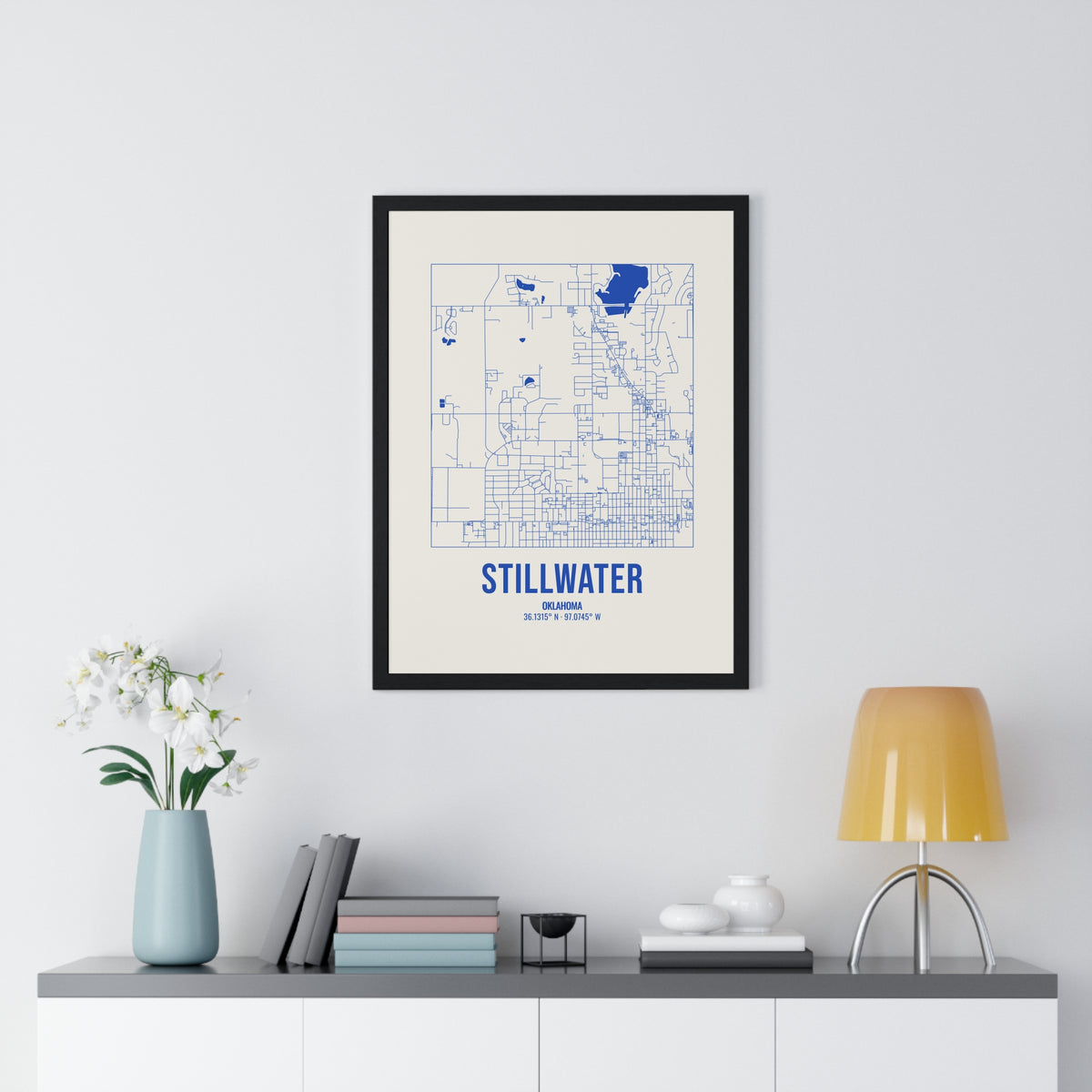Stillwater Street Map Framed Print, Royal Blue on Cream