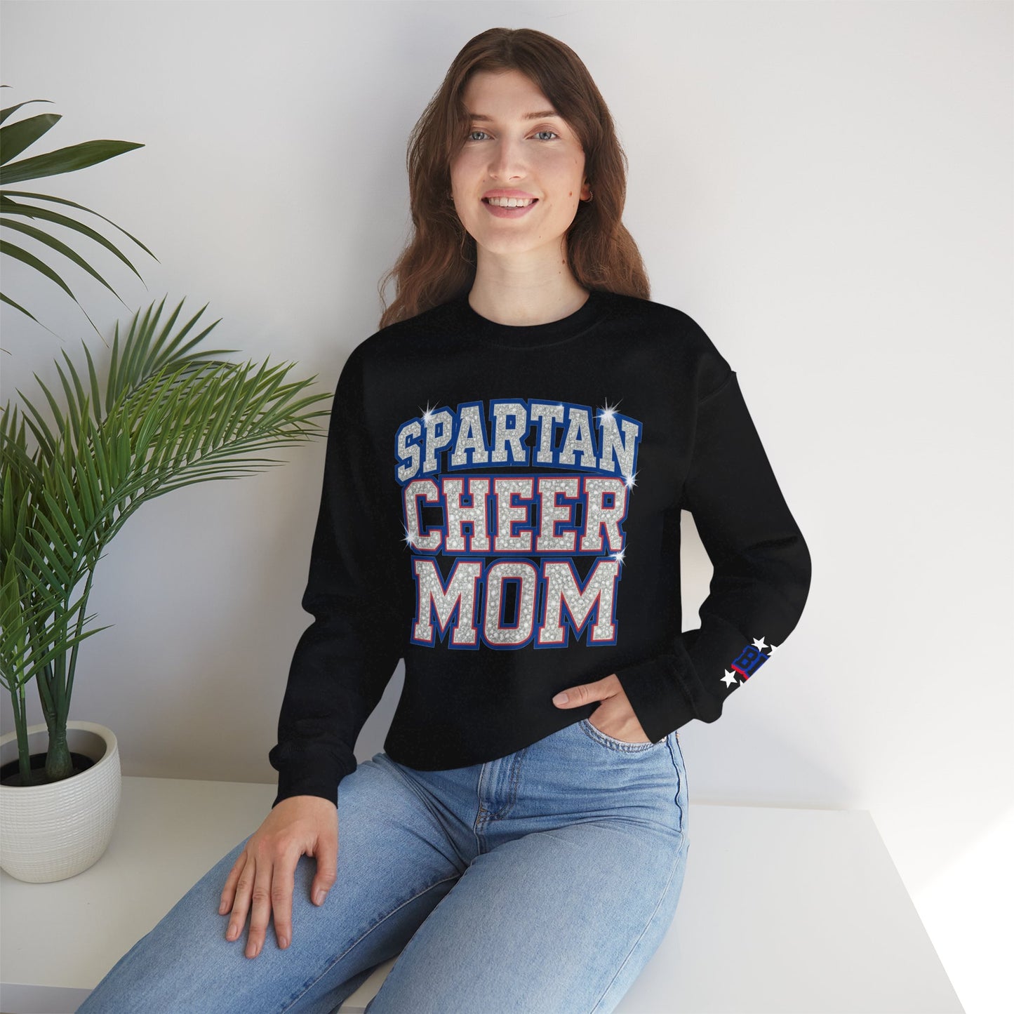 Spartan Cheer Mom With Sleeve Print Gildan Sweatshirt