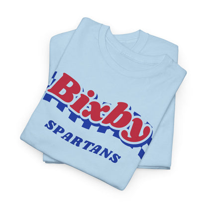 Bixby Spartans Retro Blue Checkered Script Tee – Vintage Game Day Shirt