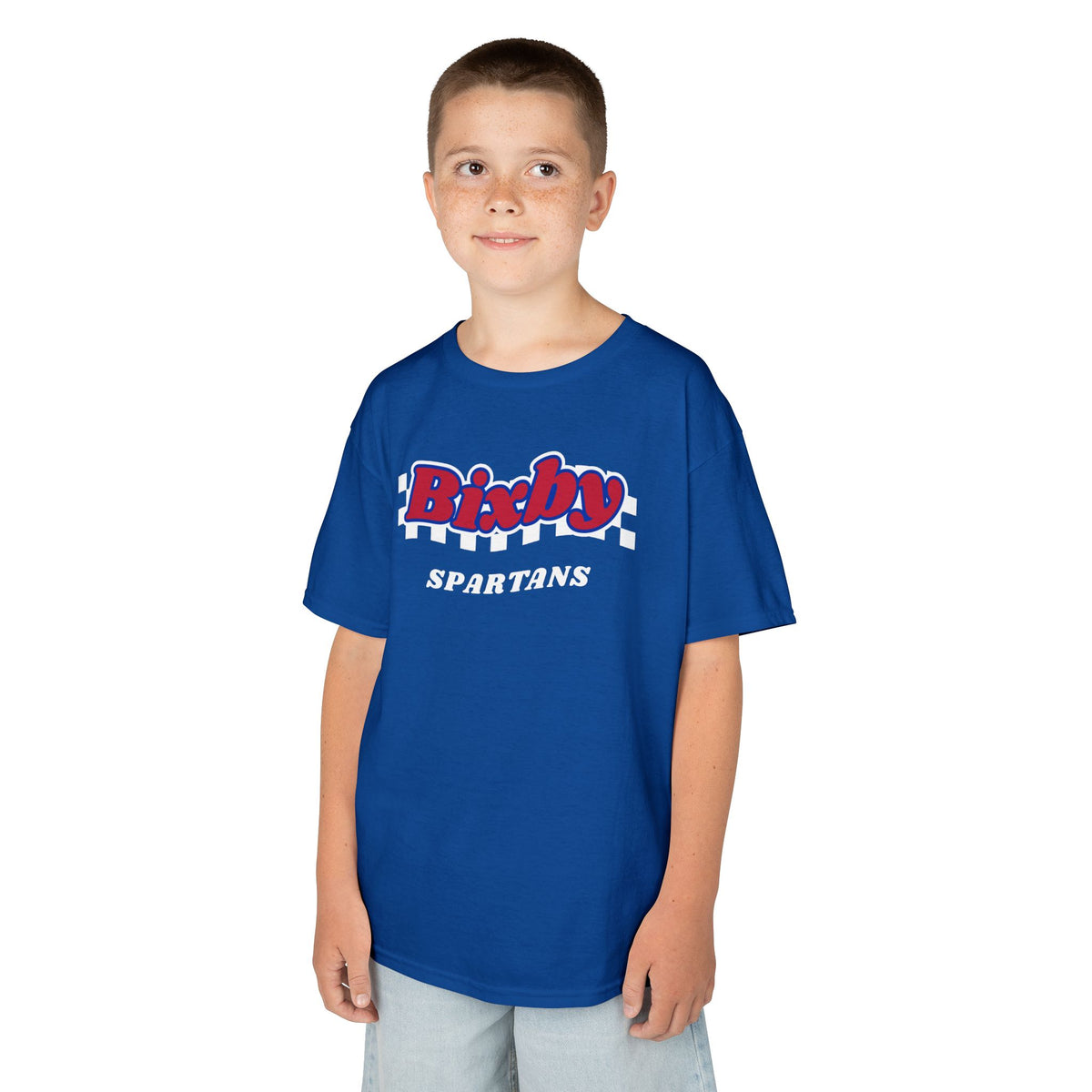 Bixby Spartans Retro Script Checkered Youth Tee – Kids Red, White & Blue Game Day Shirt