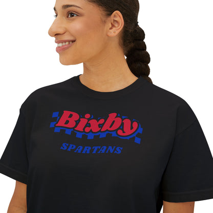 Bixby Spartans Navy Checker Retro Logo Women's Boxy Tee – Game Day Shirt