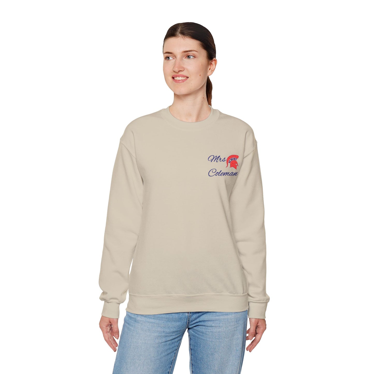 Personalized Spartan Helmet Embroidered Blue Lettering Gildan Sweatshirt