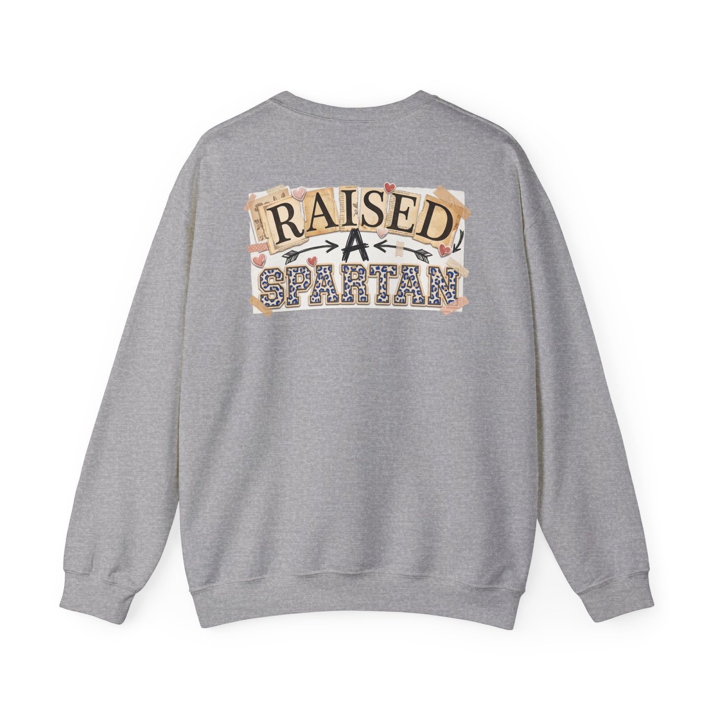 Raised A Spartan Crewneck Gildan Sweatshirt with Spartan Logo