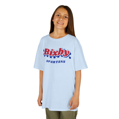 Bixby Spartans Retro Blue Checkered Script Youth Tee – Kids Vintage Game Day Shirt