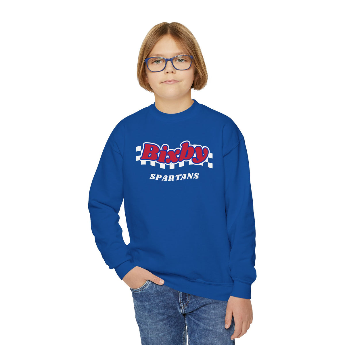 Bixby Spartans Retro Script Checkered Youth Sweatshirt – Kids Game Day Crewneck