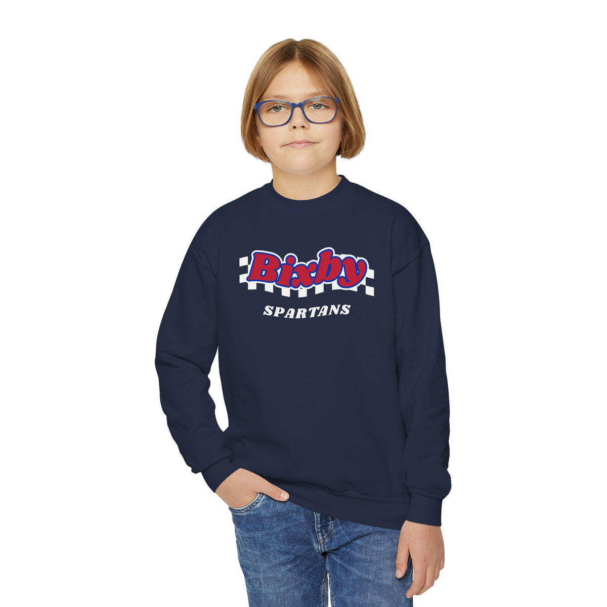 Bixby Spartans Retro Script Checkered Youth Sweatshirt – Kids Game Day Crewneck