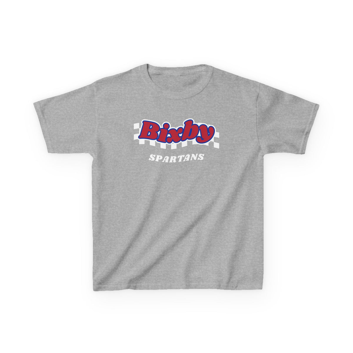 Bixby Spartans Retro Script Checkered Youth Tee – Kids Red, White & Blue Game Day Shirt