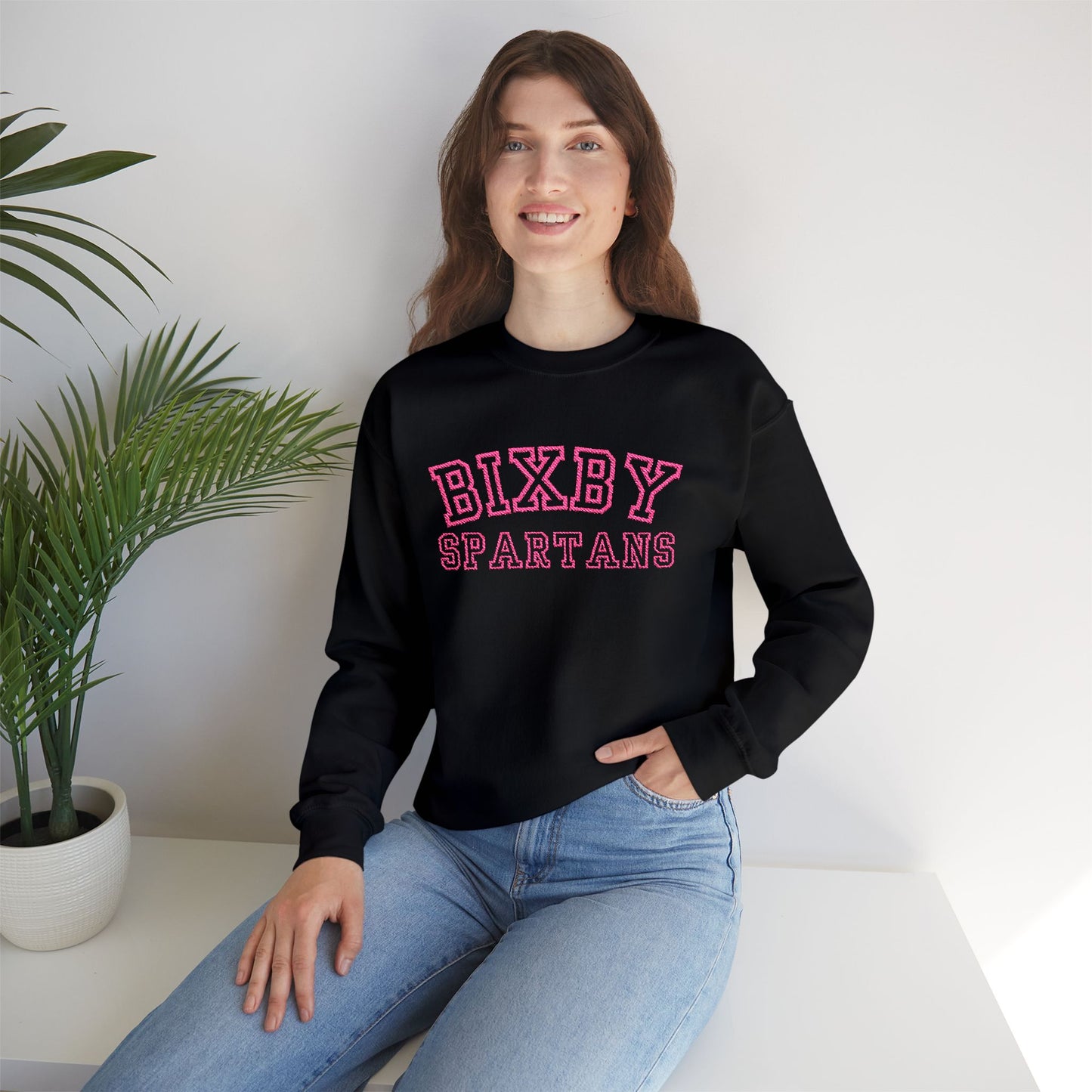 Bixby Spartans Embroidered Pink Font Gildan Sweatshirt