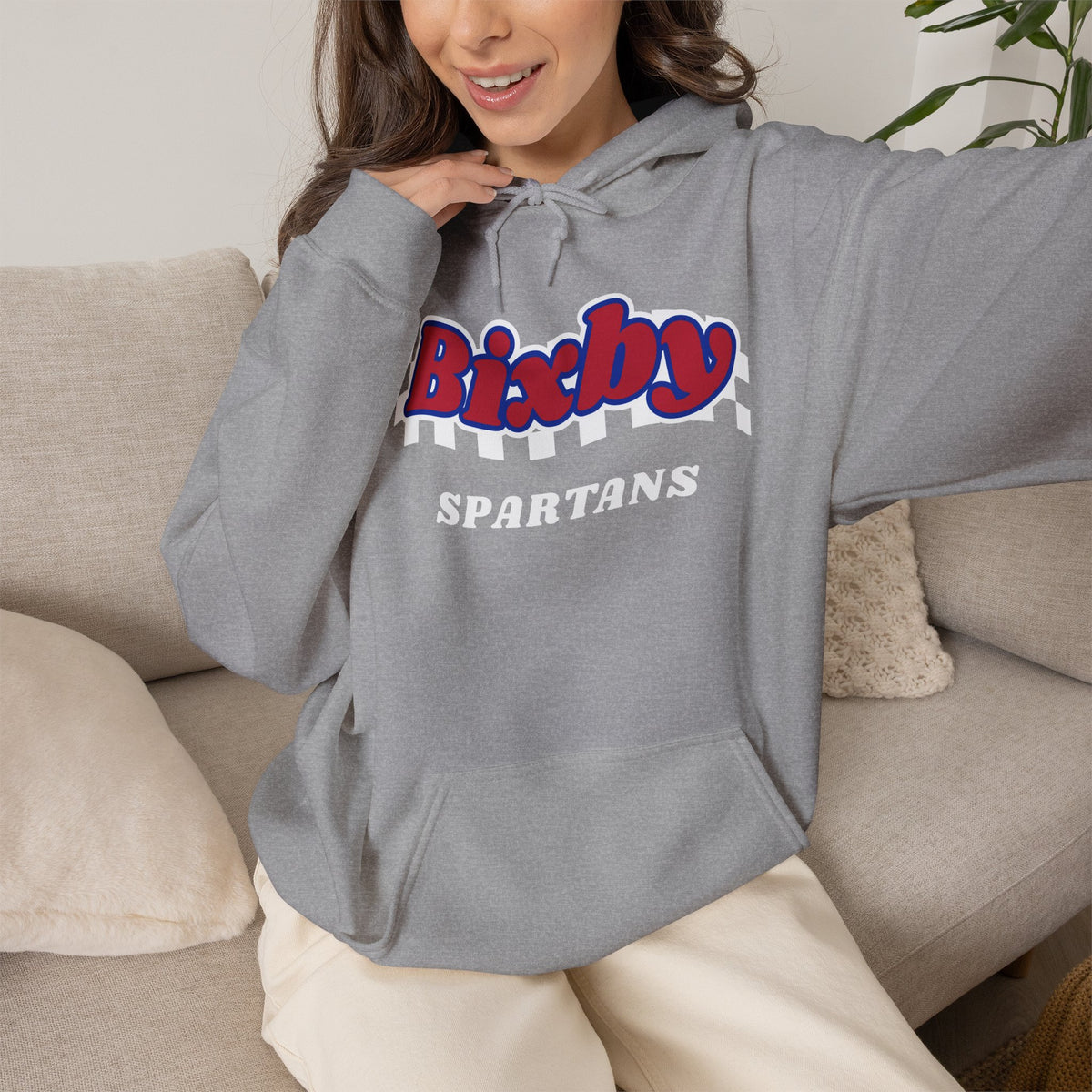 Bixby Spartans Retro Script Checkered Hoodie – Red, White & Blue Game Day Hooded Sweatshirt