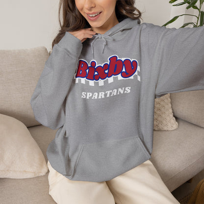 Bixby Spartans Retro Script Checkered Hoodie – Red, White & Blue Game Day Hooded Sweatshirt