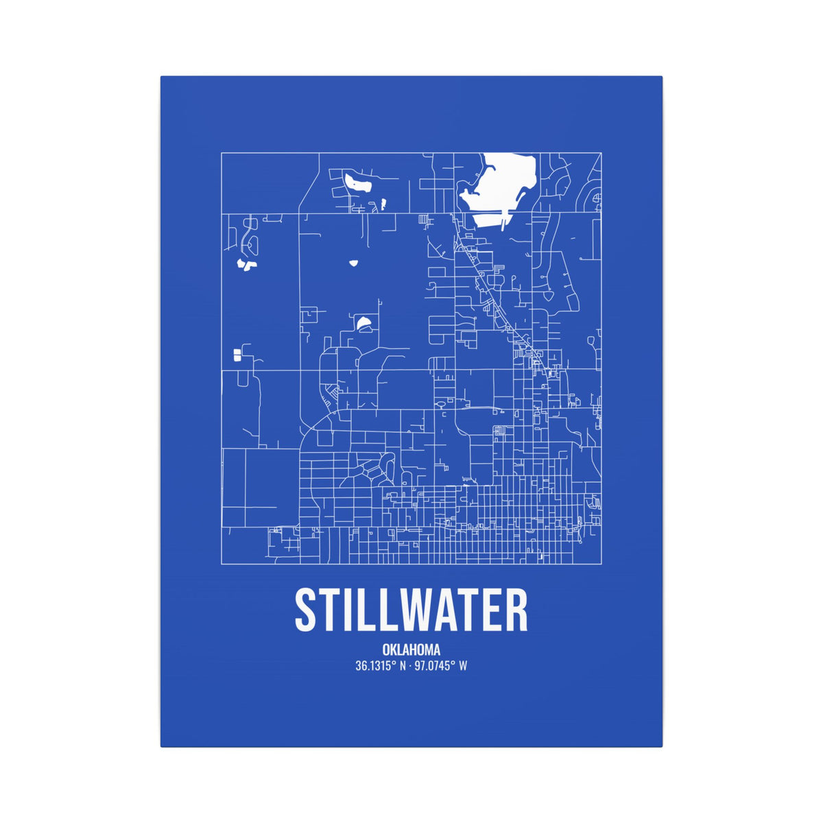Stillwater Street Map Canvas, White on Royal Blue