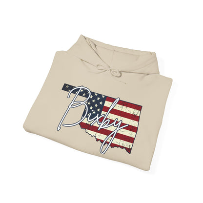 Oklahoma Flag Hoodie with "Bixby" Script Gildan Hoodie