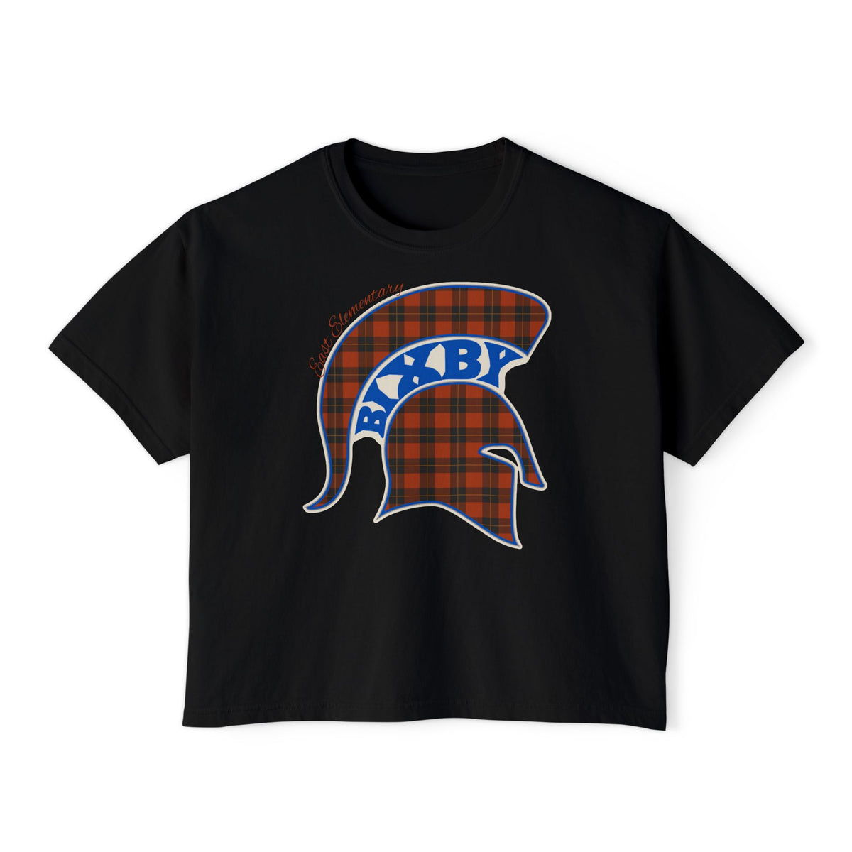Bixby Spartans East Elementary Plaid Helmet Women's Boxy Tee – School Spirit Mom Shirt