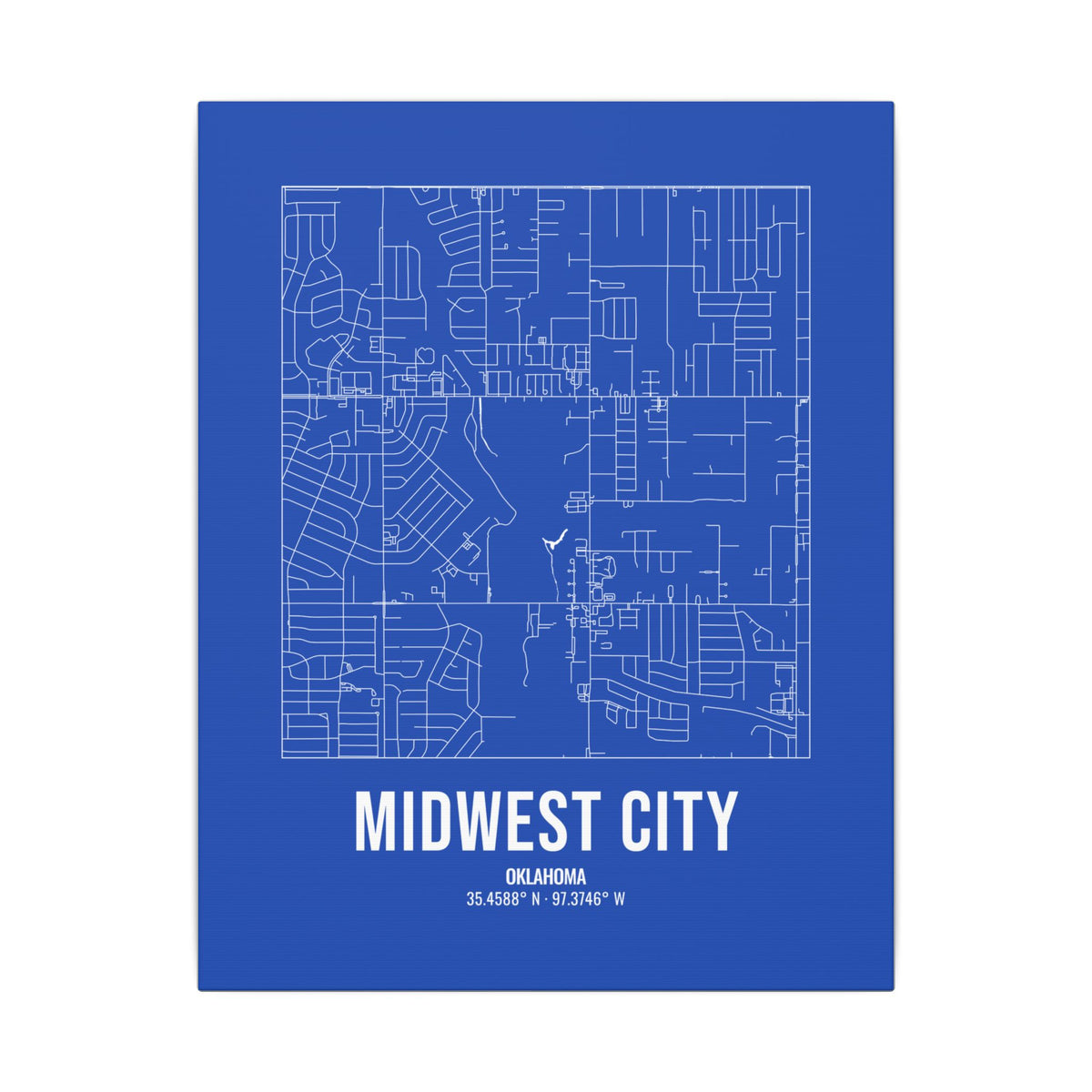 Midwest City Street Map Canvas, White on Royal Blue